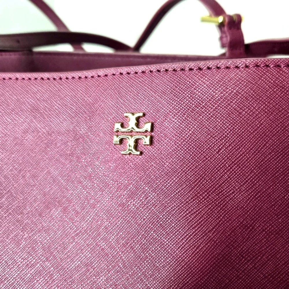Tory Burch Emerson Tote Handbag. Burgundy, Saffiano Leather, Large.